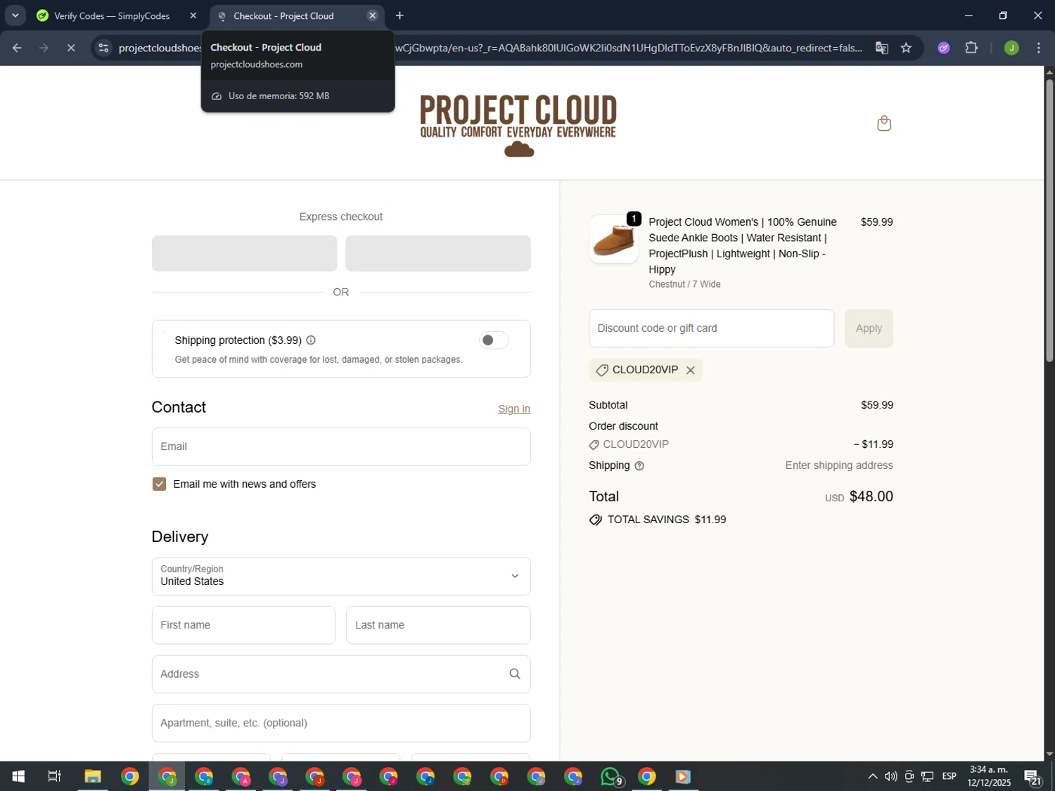 Project Cloud promo code screenshot showing code CLOUD20VIP applied at Project Cloud checkout page. Uploaded by SimplyCodes community member MightyFinder1041 on Dec 12, 2025