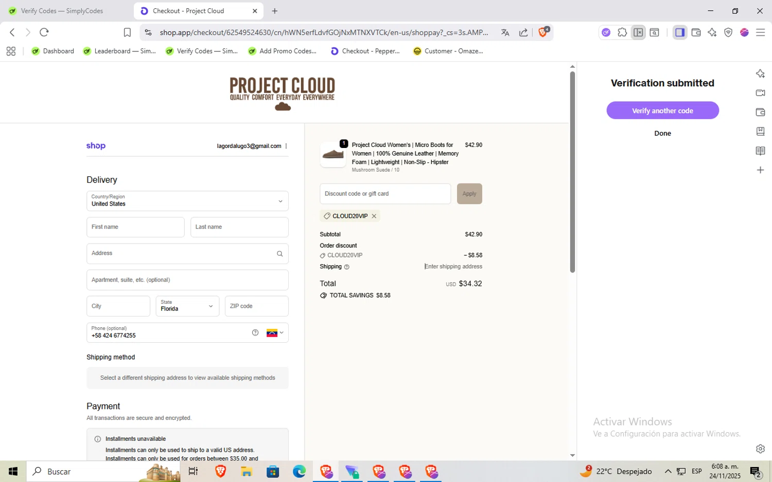 Project Cloud promo code screenshot showing code CLOUD20VIP applied at Project Cloud checkout page. Uploaded by SimplyCodes community member Rayyyyyy on Nov 24, 2025
