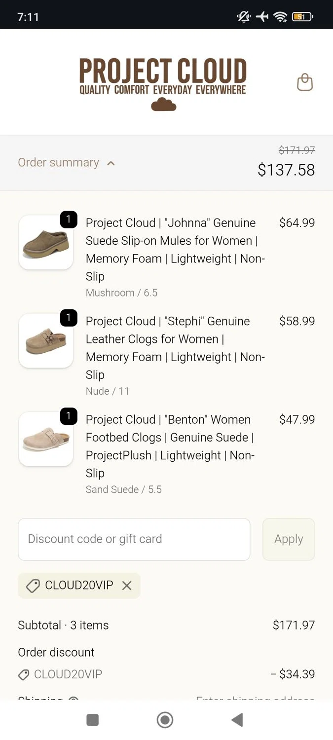 Project Cloud promo code screenshot showing code CLOUD20VIP applied at Project Cloud checkout page. Uploaded by SimplyCodes community member RoyalSpotter5217 on Sep 26, 2025