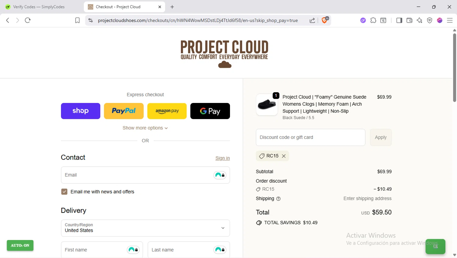 Project Cloud promo code screenshot showing code RC15 applied at Project Cloud checkout page. Uploaded by SimplyCodes community member SapeGato on Oct 25, 2025