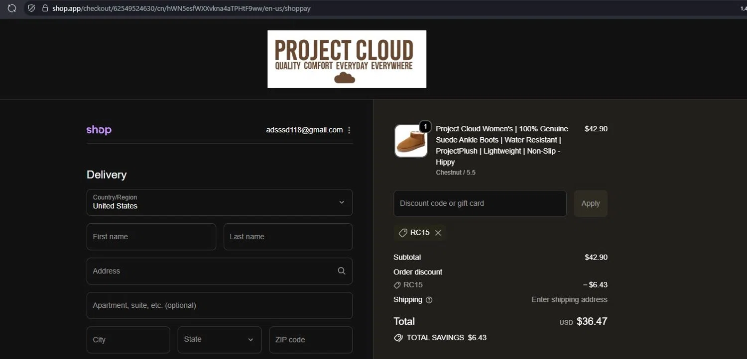 Project Cloud promo code screenshot showing code RC15 applied at Project Cloud checkout page. Uploaded by SimplyCodes community member ShrewdWizard143 on Nov 24, 2025