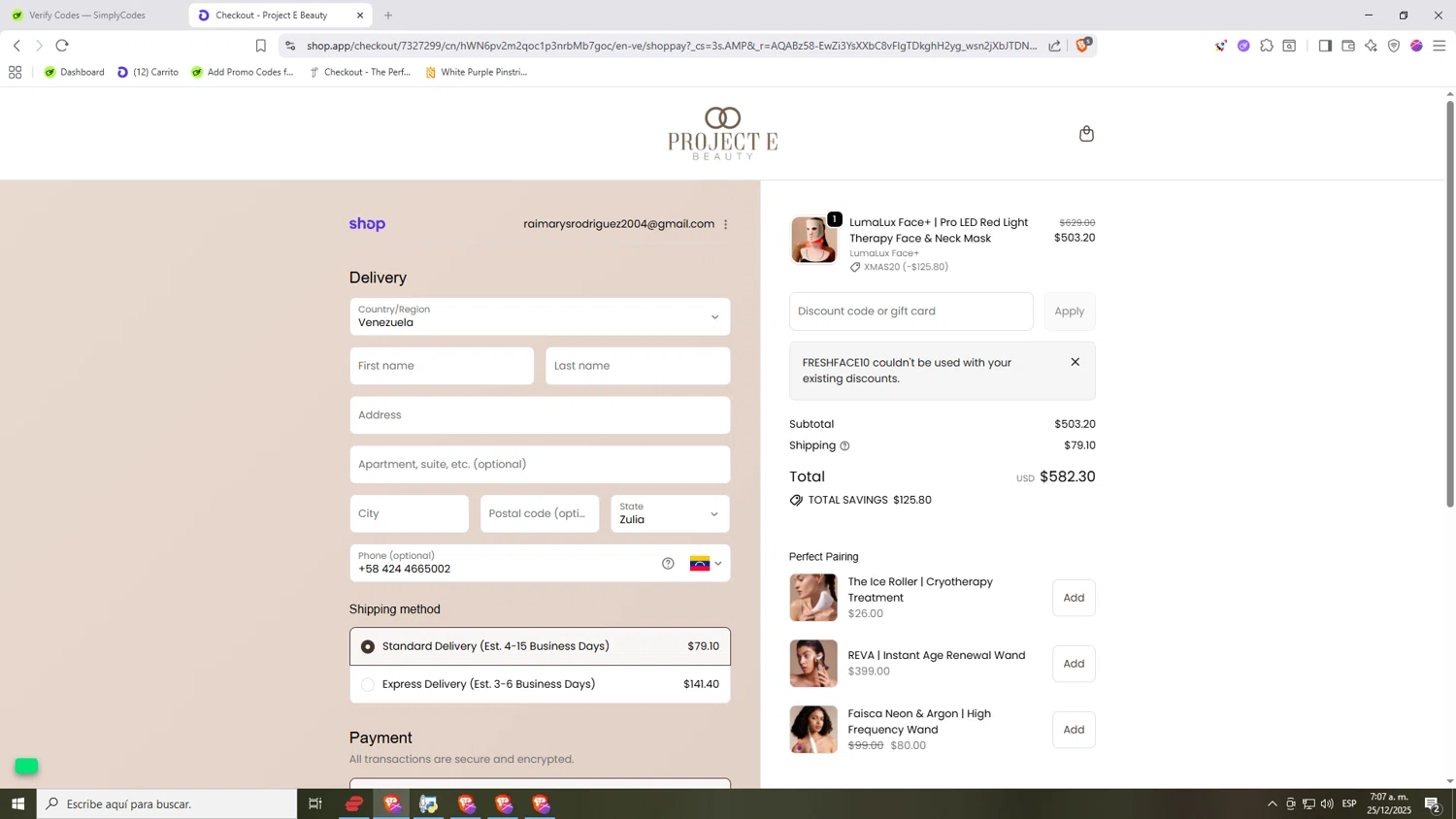 Project E Beauty promo code screenshot showing code FRESHFACE10 applied at Project E Beauty checkout page. Uploaded by SimplyCodes community member Nezukooo on Dec 25, 2025