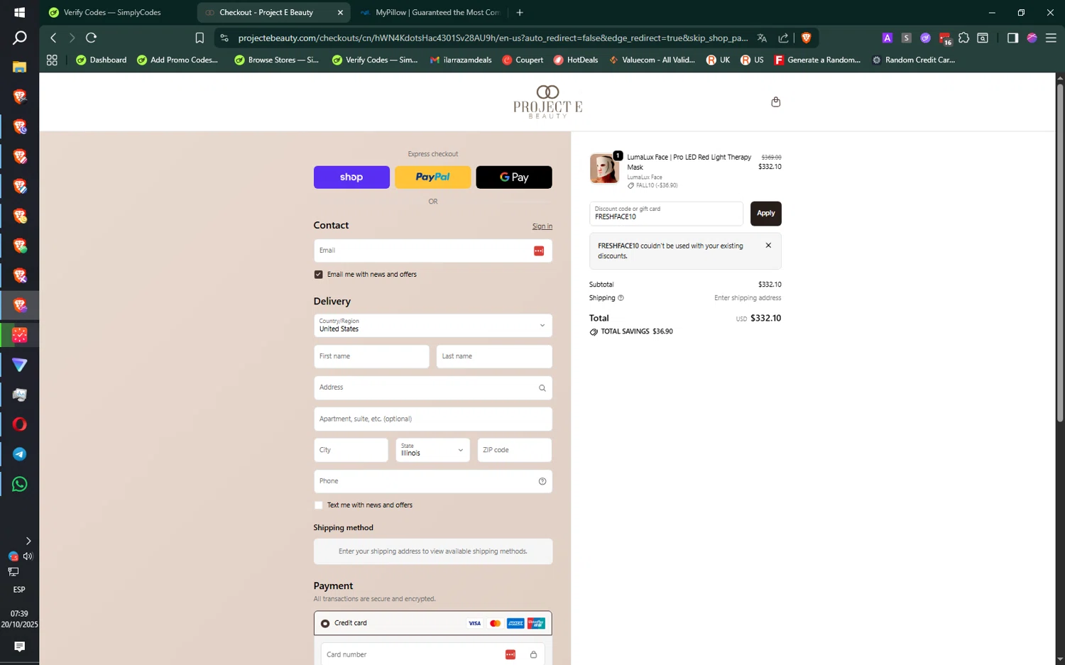 Project E Beauty promo code screenshot showing code FRESHFACE10 applied at Project E Beauty checkout page. Uploaded by SimplyCodes community member jMoya06 on Oct 20, 2025
