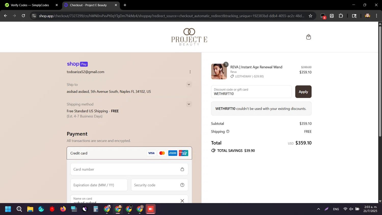 Project E Beauty promo code screenshot showing code WETHRIFT10 applied at Project E Beauty checkout page. Uploaded by SimplyCodes community member ArizaJuan on Jul 21, 2025