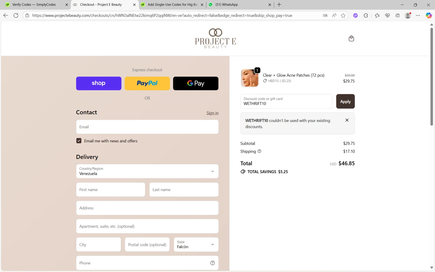 Project E Beauty promo code screenshot showing code WETHRIFT10 applied at Project E Beauty checkout page. Uploaded by SimplyCodes community member juanx1702 on Sep 30, 2025