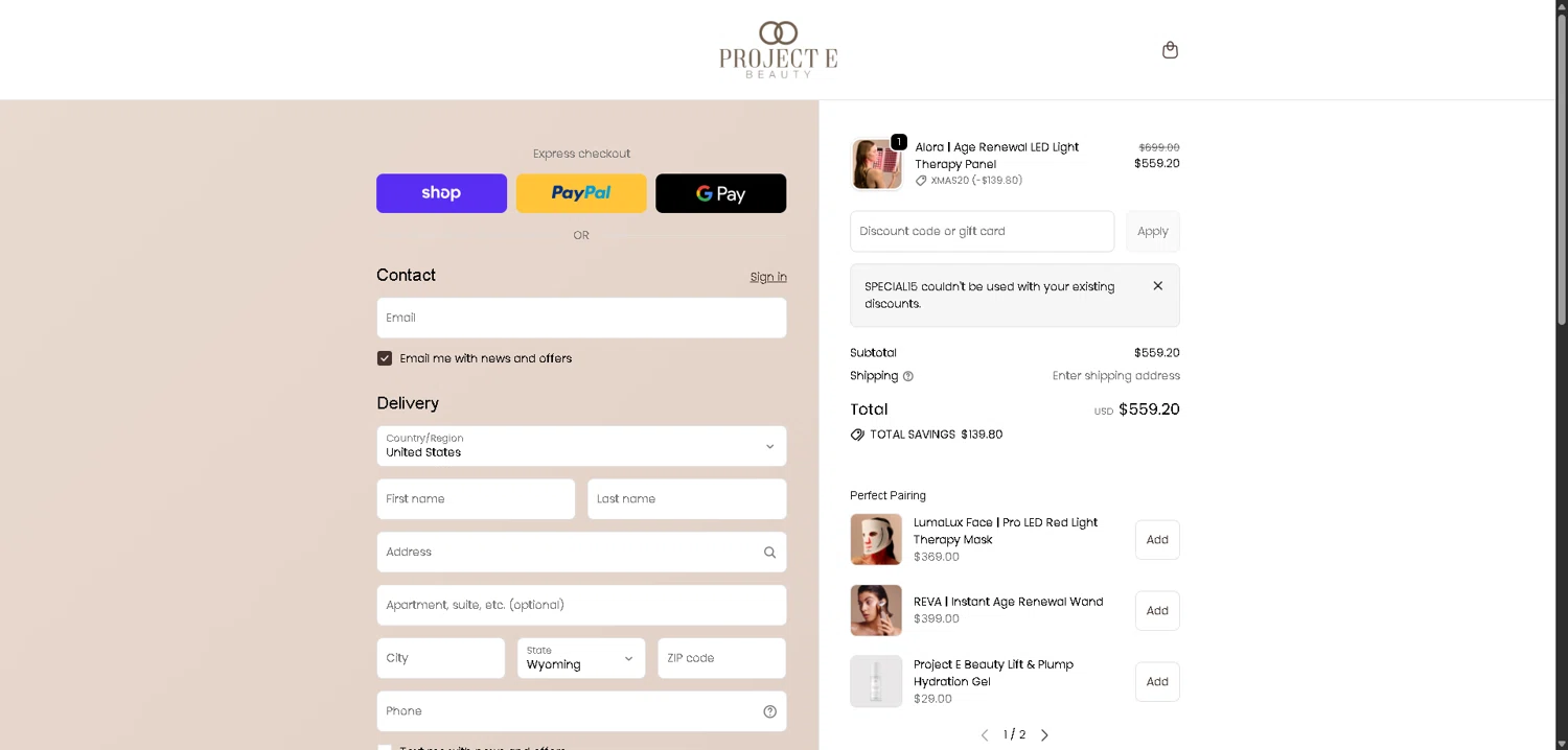 Project E Beauty promo code screenshot showing code SPECIAL15 applied at Project E Beauty checkout page. Uploaded by SimplyCodes community member ExtraordinaryMaven3628 on Dec 19, 2025