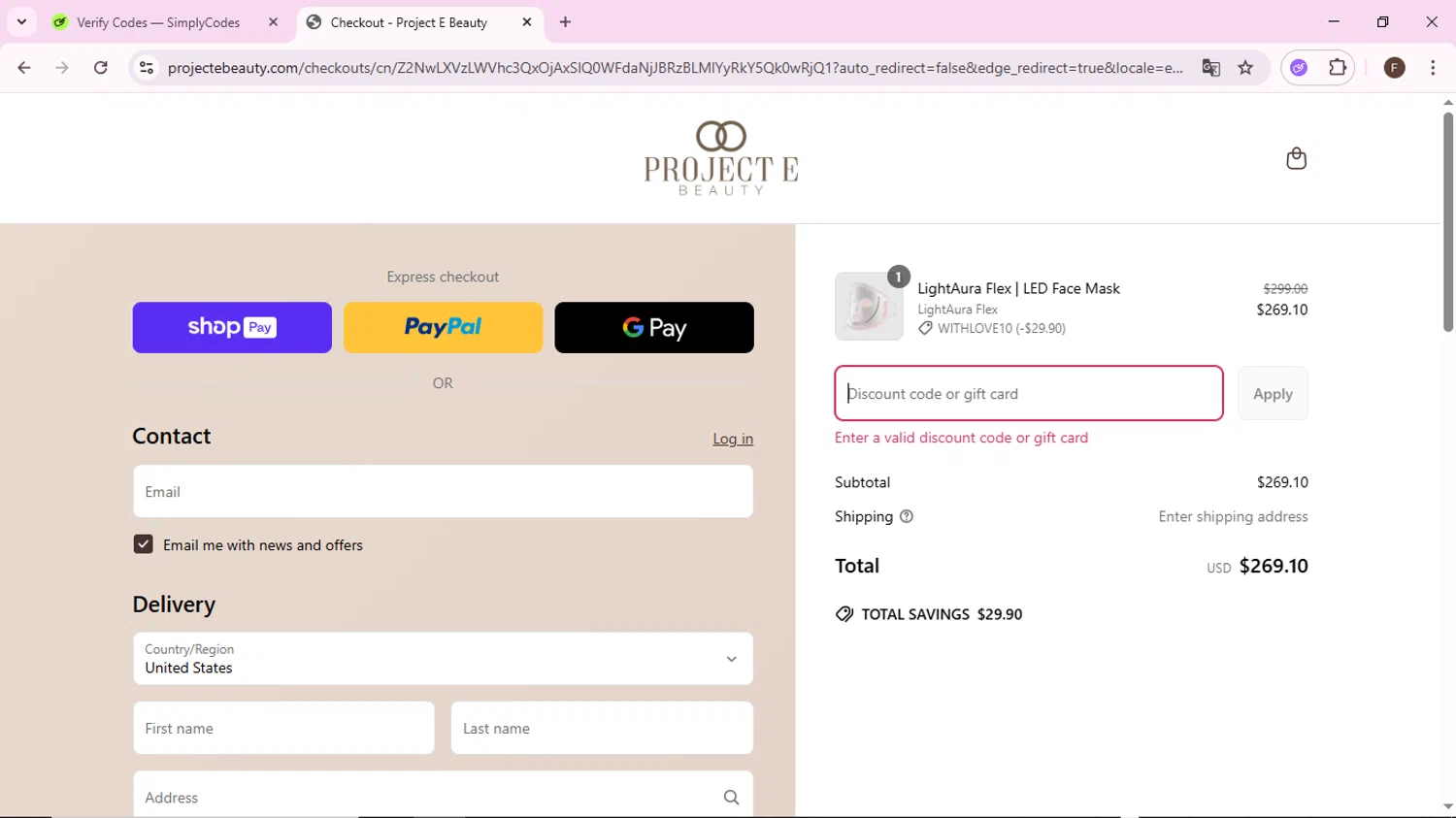 Project E Beauty promo code screenshot showing code SPECIAL15 applied at Project E Beauty checkout page. Uploaded by SimplyCodes community member BargainShopper1802 on May 1, 2025