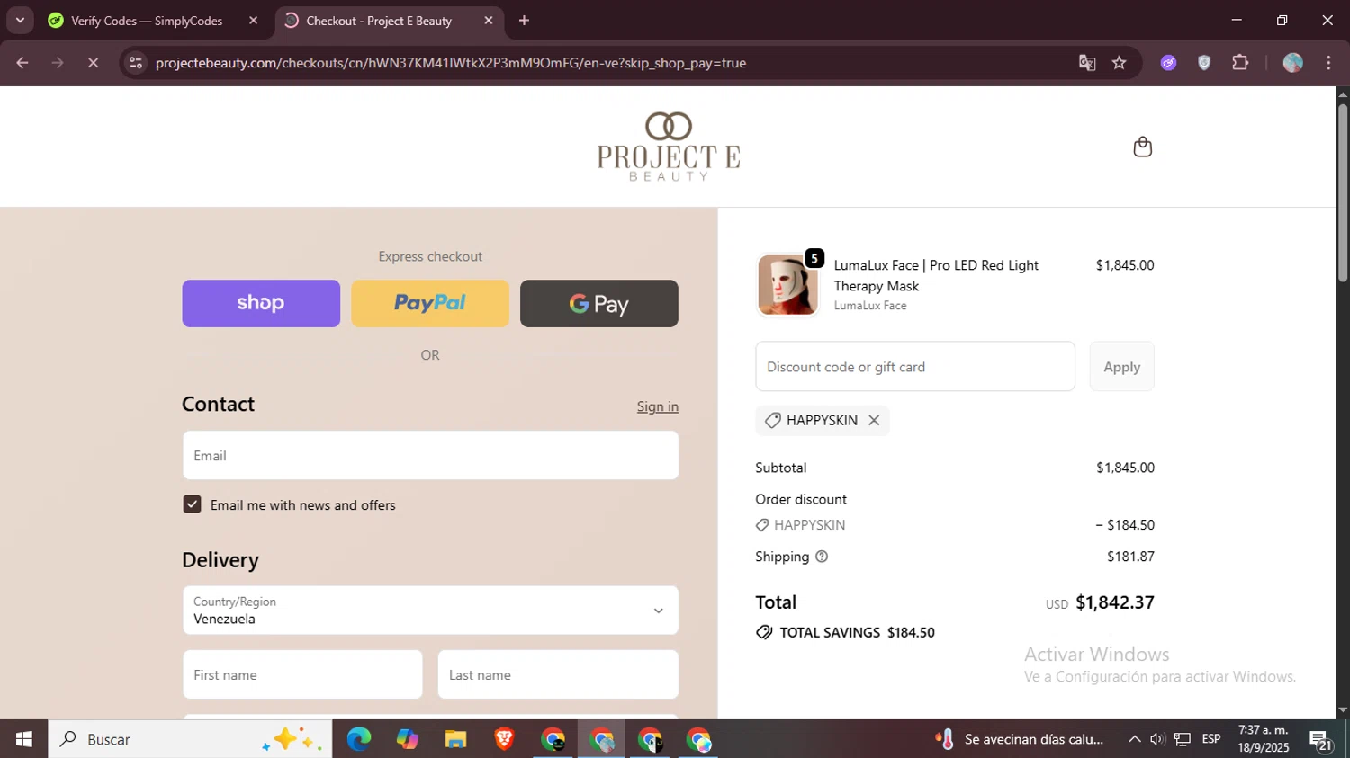 Project E Beauty promo code screenshot showing code HAPPYSKIN applied at Project E Beauty checkout page. Uploaded by SimplyCodes community member LegendaryPro7106 on Sep 18, 2025