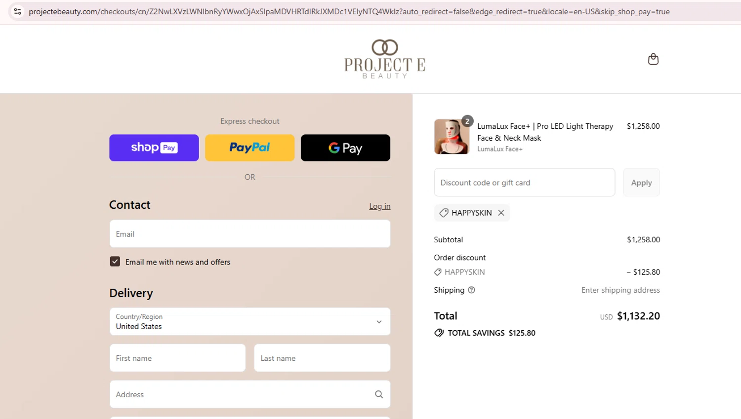 Project E Beauty promo code screenshot showing code HAPPYSKIN applied at Project E Beauty checkout page. Uploaded by SimplyCodes community member Teamgorila on Jul 12, 2025