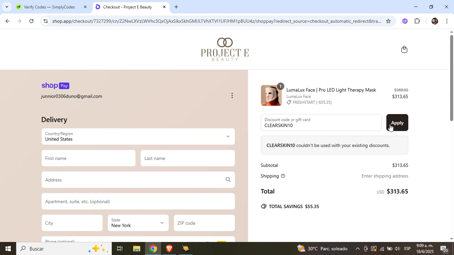 Project E Beauty promo code screenshot showing code CLEARSKIN10 applied at Project E Beauty checkout page. Uploaded by SimplyCodes community member Junniorduno on Jun 18, 2025
