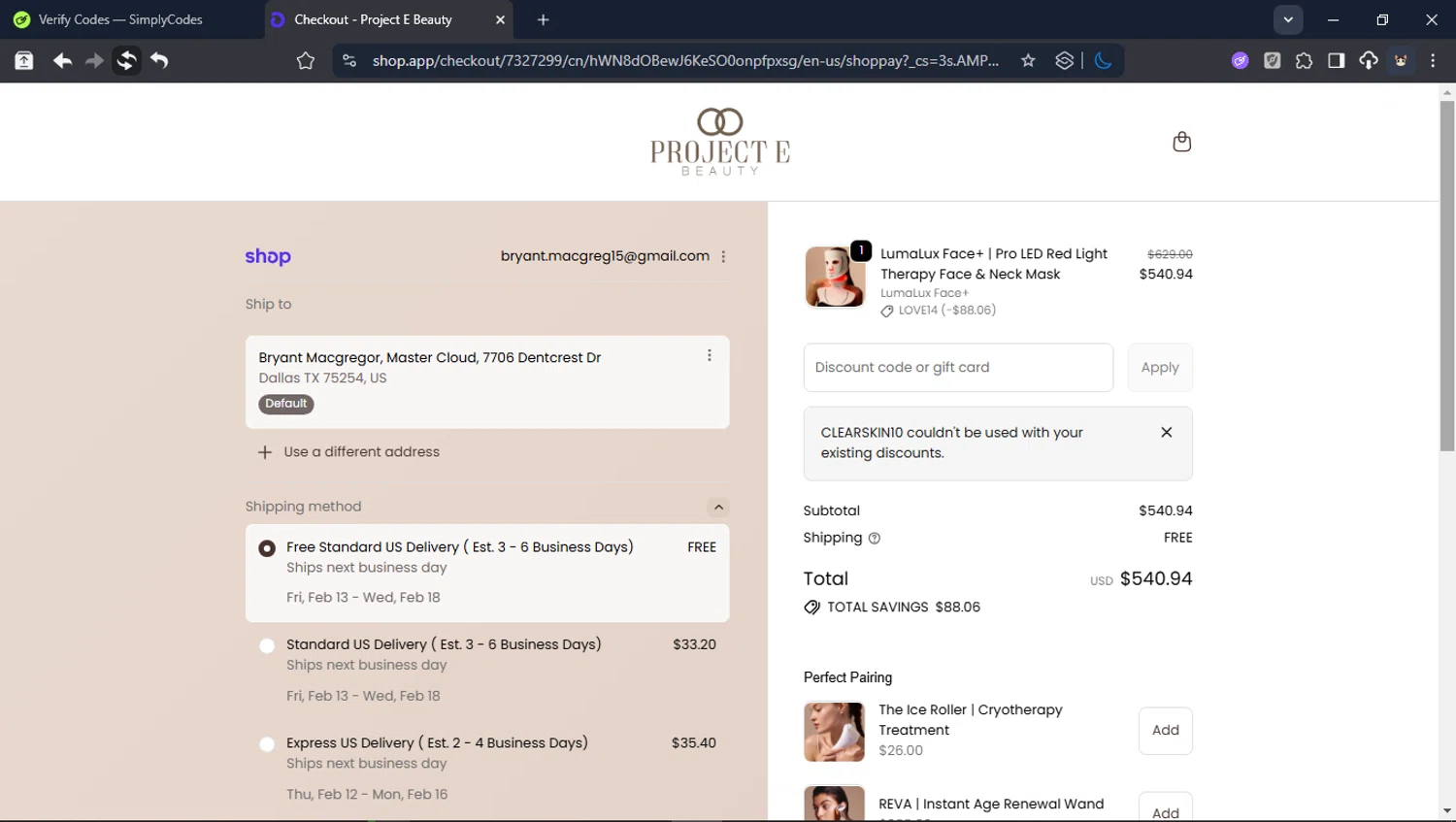 Project E Beauty promo code screenshot showing code CLEARSKIN10 applied at Project E Beauty checkout page. Uploaded by SimplyCodes community member LegendaryCollector6259 on Feb 10, 2026