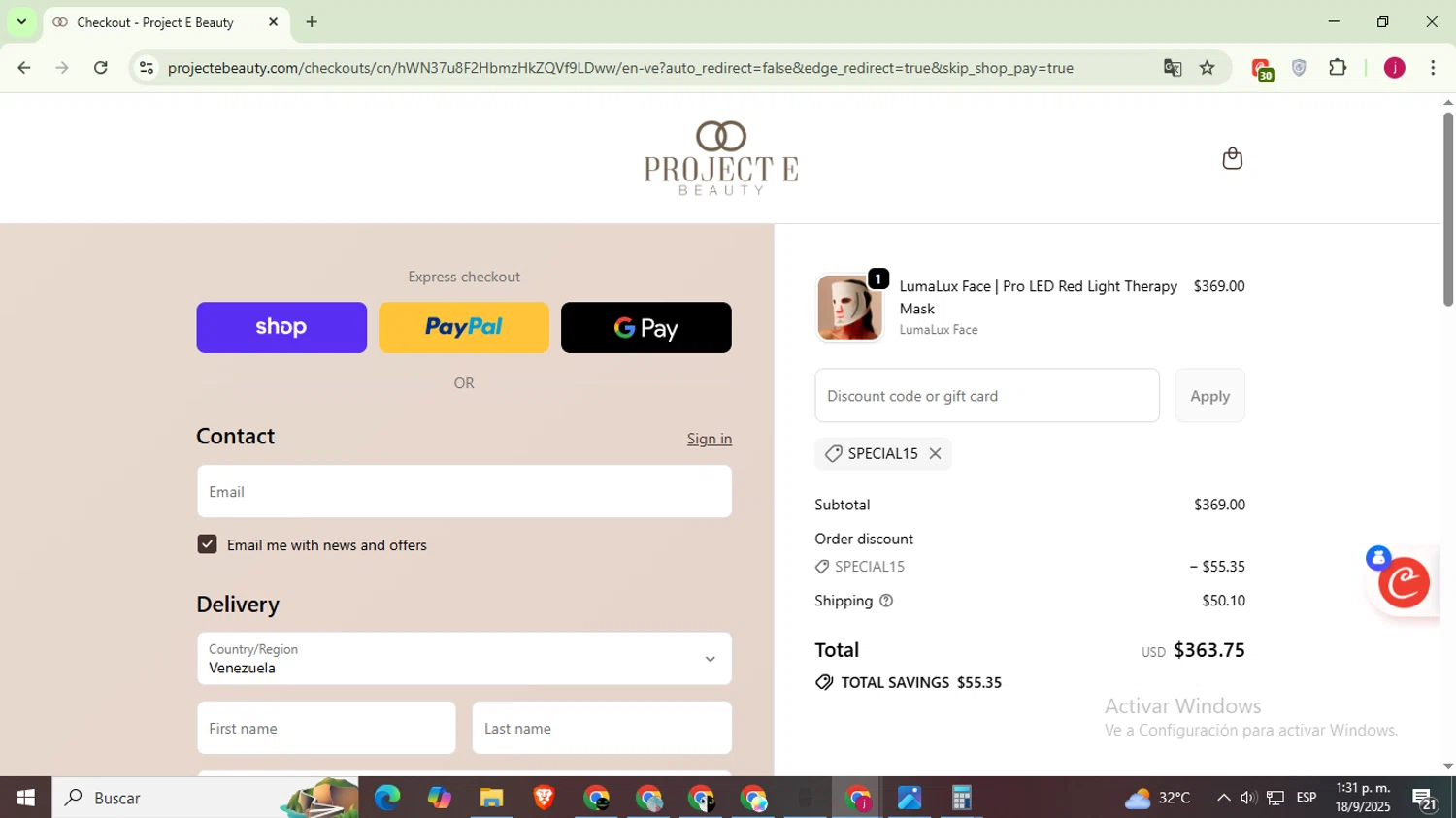 Project E Beauty promo code screenshot showing code SPECIAL15 applied at Project E Beauty checkout page. Uploaded by SimplyCodes community member MoneyScholar5687 on Sep 18, 2025