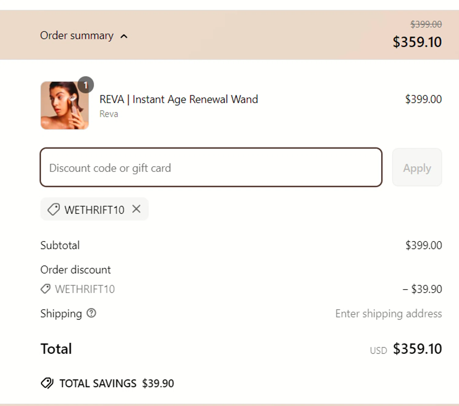 Project E Beauty promo code screenshot showing code WETHRIFT10 applied at Project E Beauty checkout page. Uploaded by SimplyCodes community member usercode123 on Apr 4, 2025