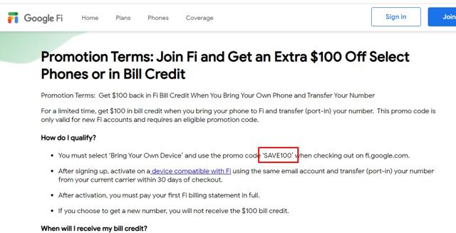 Google Fi checkout page showing Google Fi promo code box | Screenshot taken by SimplyCodes community member on May 4, 2021
