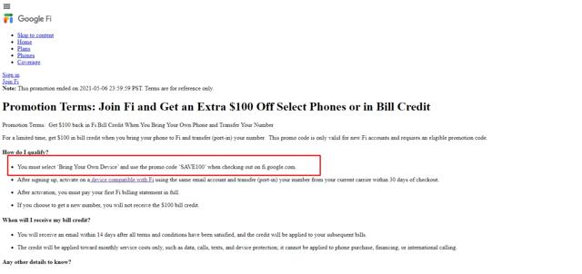 Google Fi checkout page showing Google Fi promo code box | Screenshot taken by SimplyCodes community member on May 9, 2021