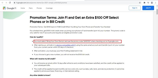 Google Fi checkout page showing Google Fi promo code box | Screenshot taken by SimplyCodes community member on May 23, 2021