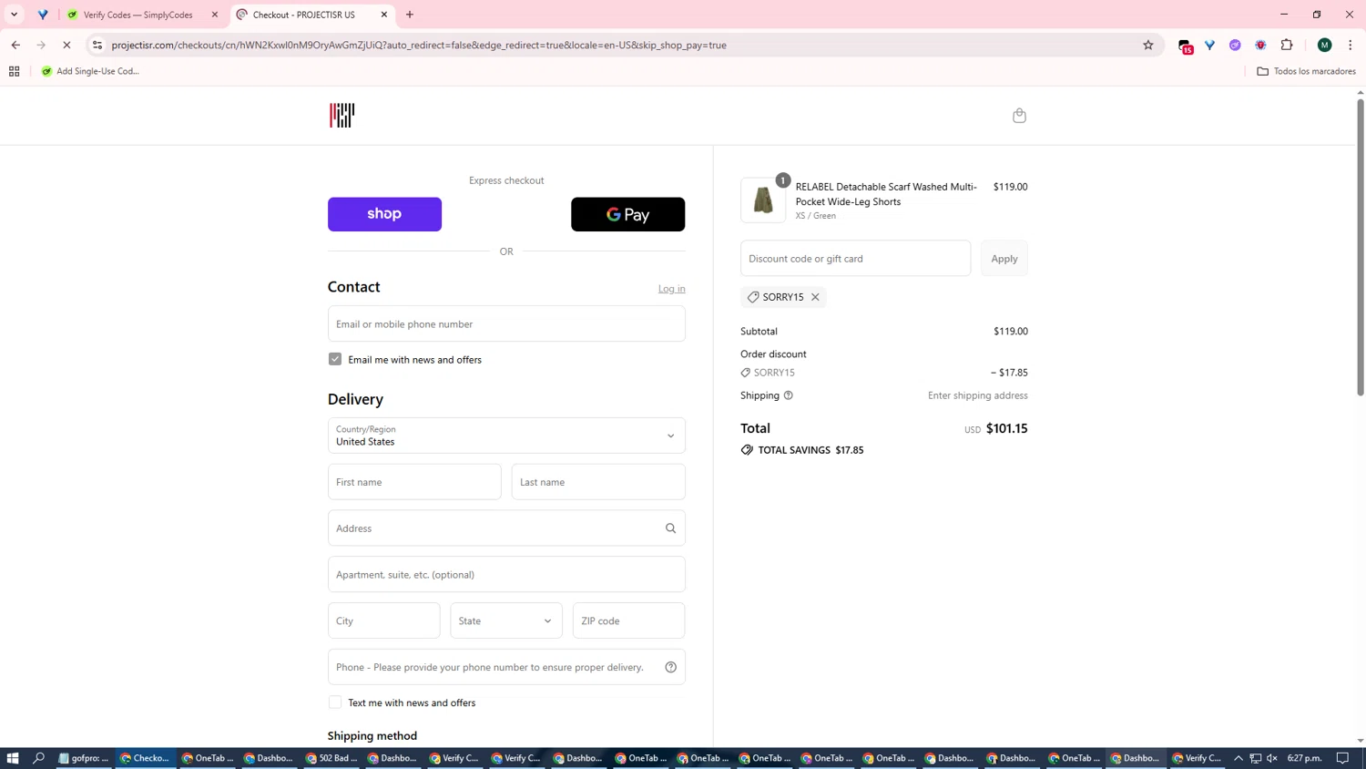 PROJECTISR discount code screenshot showing code SORRY15 applied at PROJECTISR checkout page. Uploaded by SimplyCodes community member GloriousAdmiral377 on Aug 28, 2025