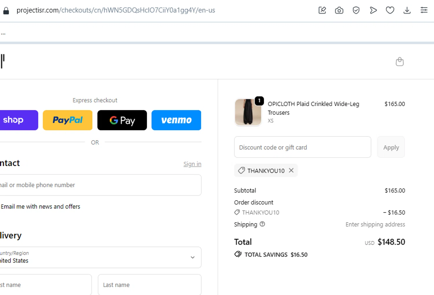PROJECTISR discount code screenshot showing code THANKYOU10 applied at PROJECTISR checkout page. Uploaded by SimplyCodes community member ELIEZERG on Nov 13, 2025