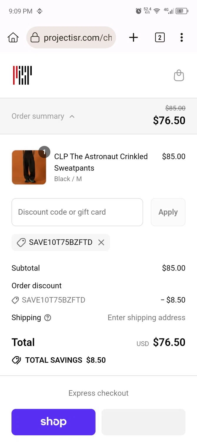 PROJECTISR discount code screenshot showing code SAVE10T75BZFTD applied at PROJECTISR checkout page. Uploaded by SimplyCodes community member MRDEAL on Sep 16, 2025