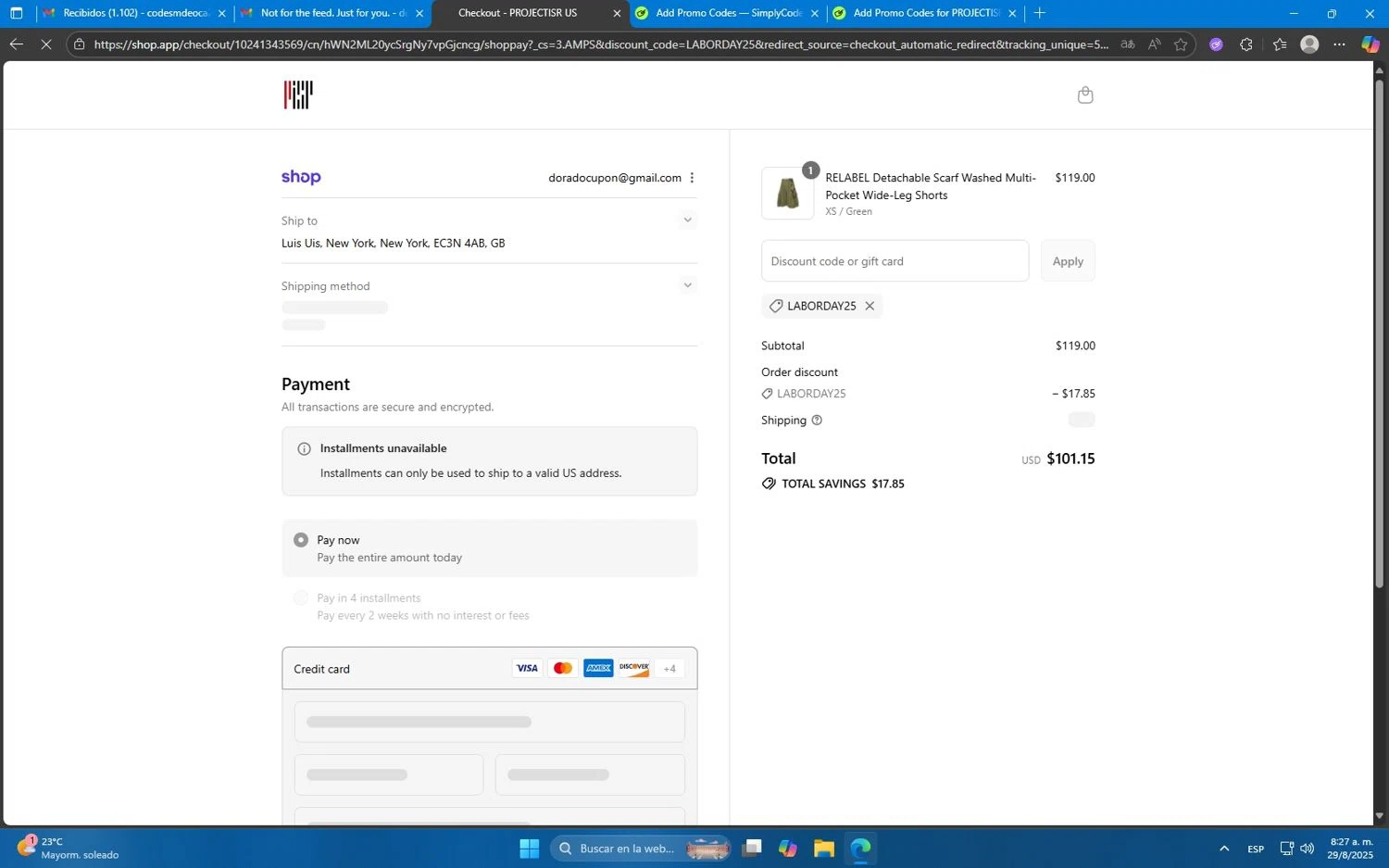 PROJECTISR discount code screenshot showing code LABORDAY25 applied at PROJECTISR checkout page. Uploaded by SimplyCodes community member Mdeoca on Aug 29, 2025