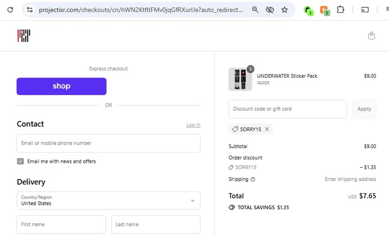 PROJECTISR discount code screenshot showing code SORRY15 applied at PROJECTISR checkout page. Uploaded by SimplyCodes community member frankrivero on Aug 28, 2025