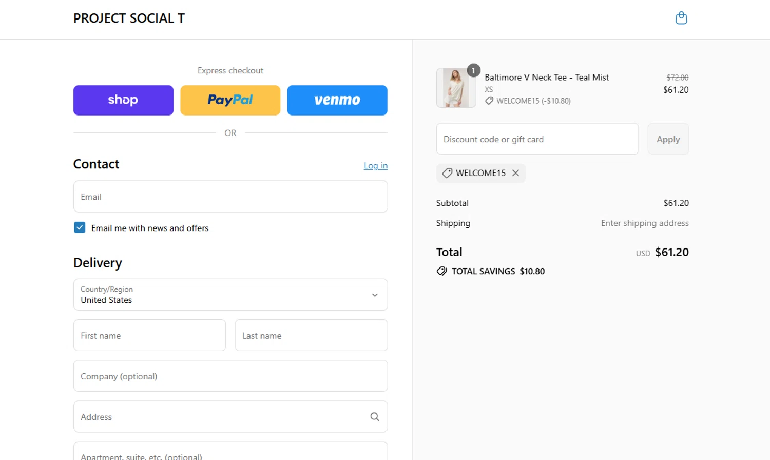 Project Social T promo code screenshot showing code WELCOME15 applied at Project Social T checkout page. Uploaded by SimplyCodes community member Espaguetticonpollo on Aug 29, 2025