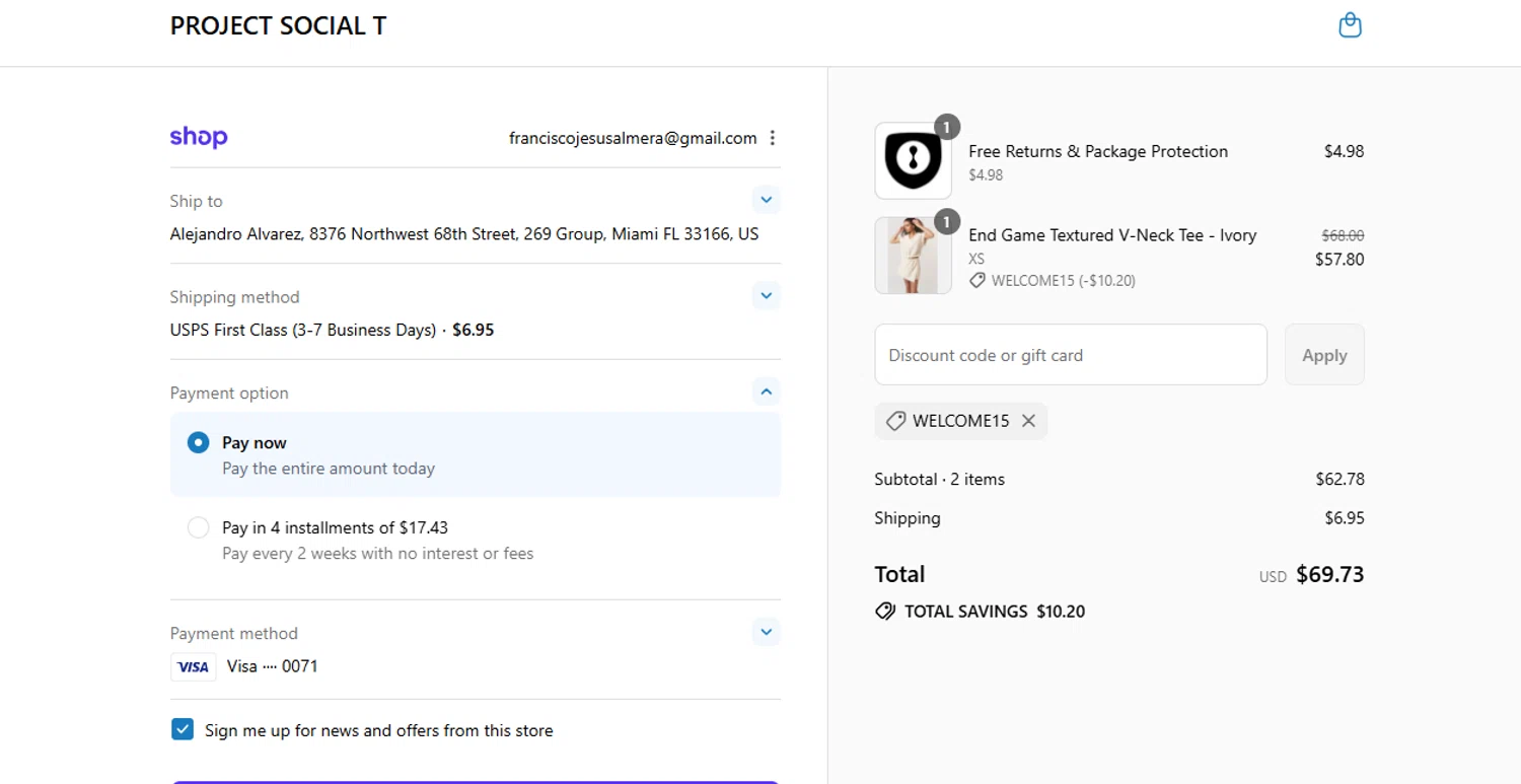 Project Social T promo code screenshot showing code WELCOME15 applied at Project Social T checkout page. Uploaded by SimplyCodes community member Gaby04 on Sep 6, 2025