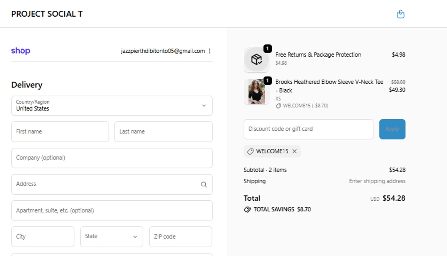 Project Social T promo code screenshot showing code WELCOME15 applied at Project Social T checkout page. Uploaded by SimplyCodes community member tumdre on Nov 6, 2025