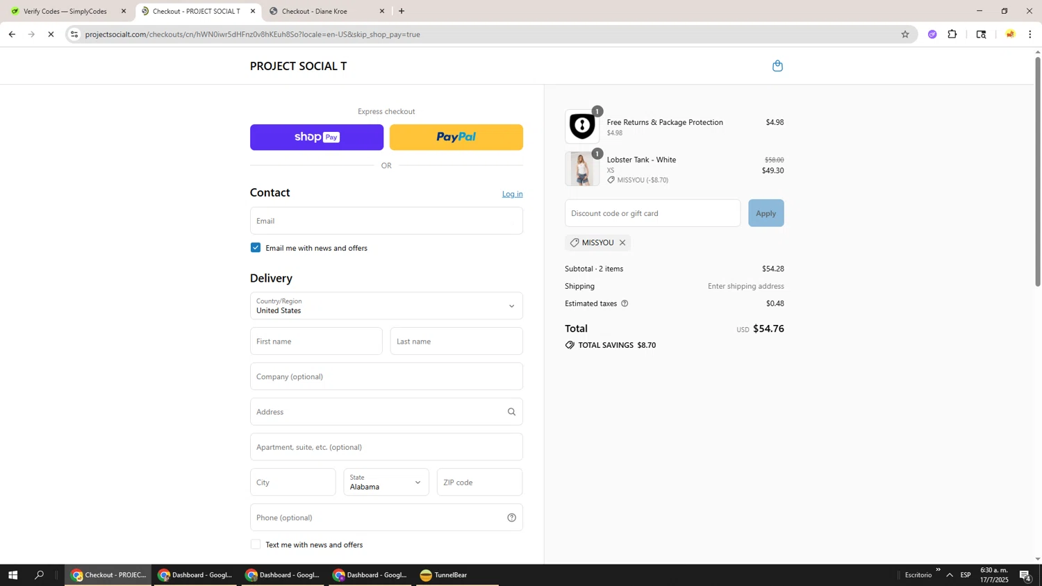 Project Social T promo code screenshot showing code missyou applied at Project Social T checkout page. Uploaded by SimplyCodes community member Richard251 on Jul 17, 2025