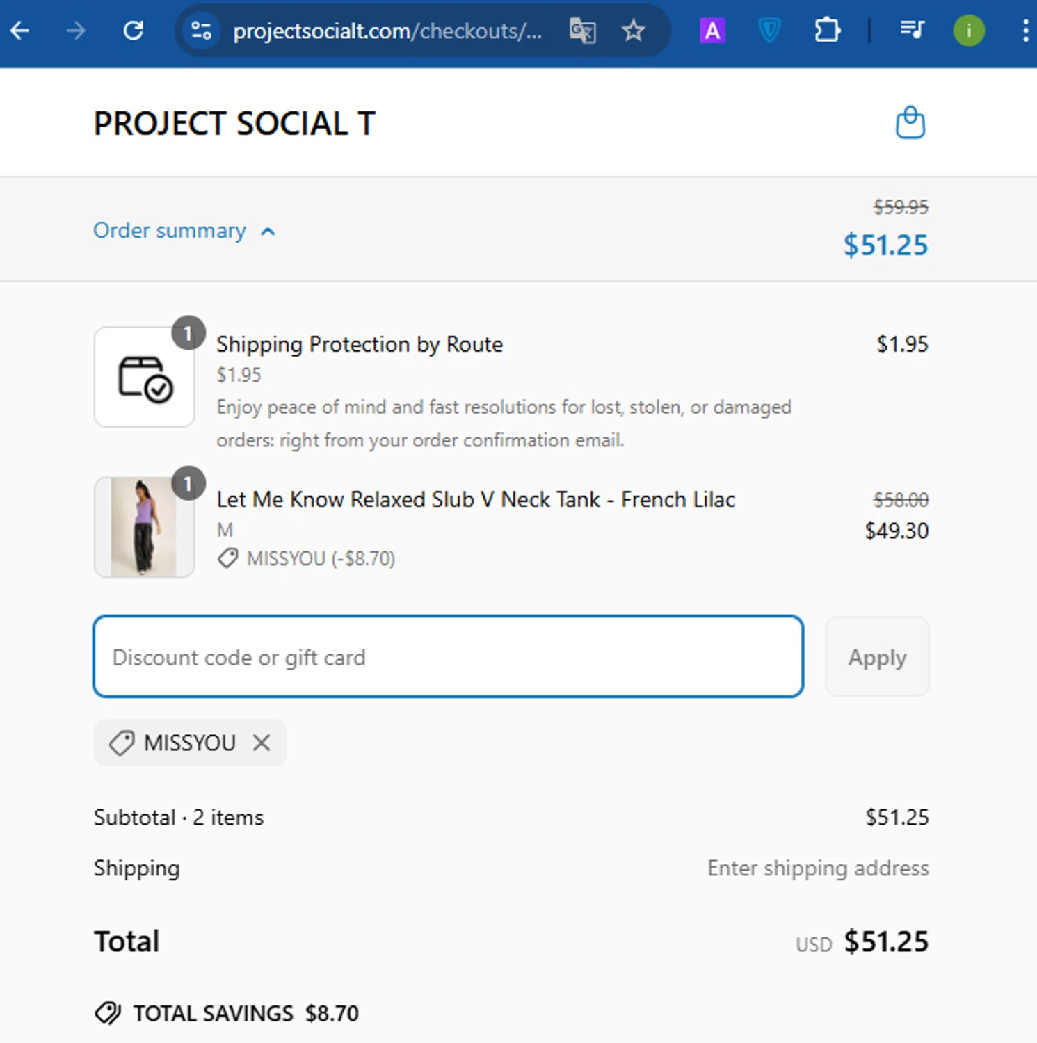 Project Social T promo code screenshot showing code missyou applied at Project Social T checkout page. Uploaded by SimplyCodes community member ivanguere on Apr 2, 2025