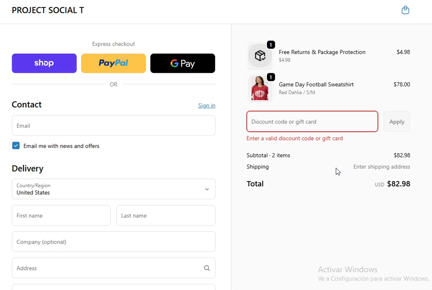 Project Social T promo code screenshot showing code LOWSTOCK applied at Project Social T checkout page. Uploaded by SimplyCodes community member BudgetGuardian5712 on Feb 7, 2026