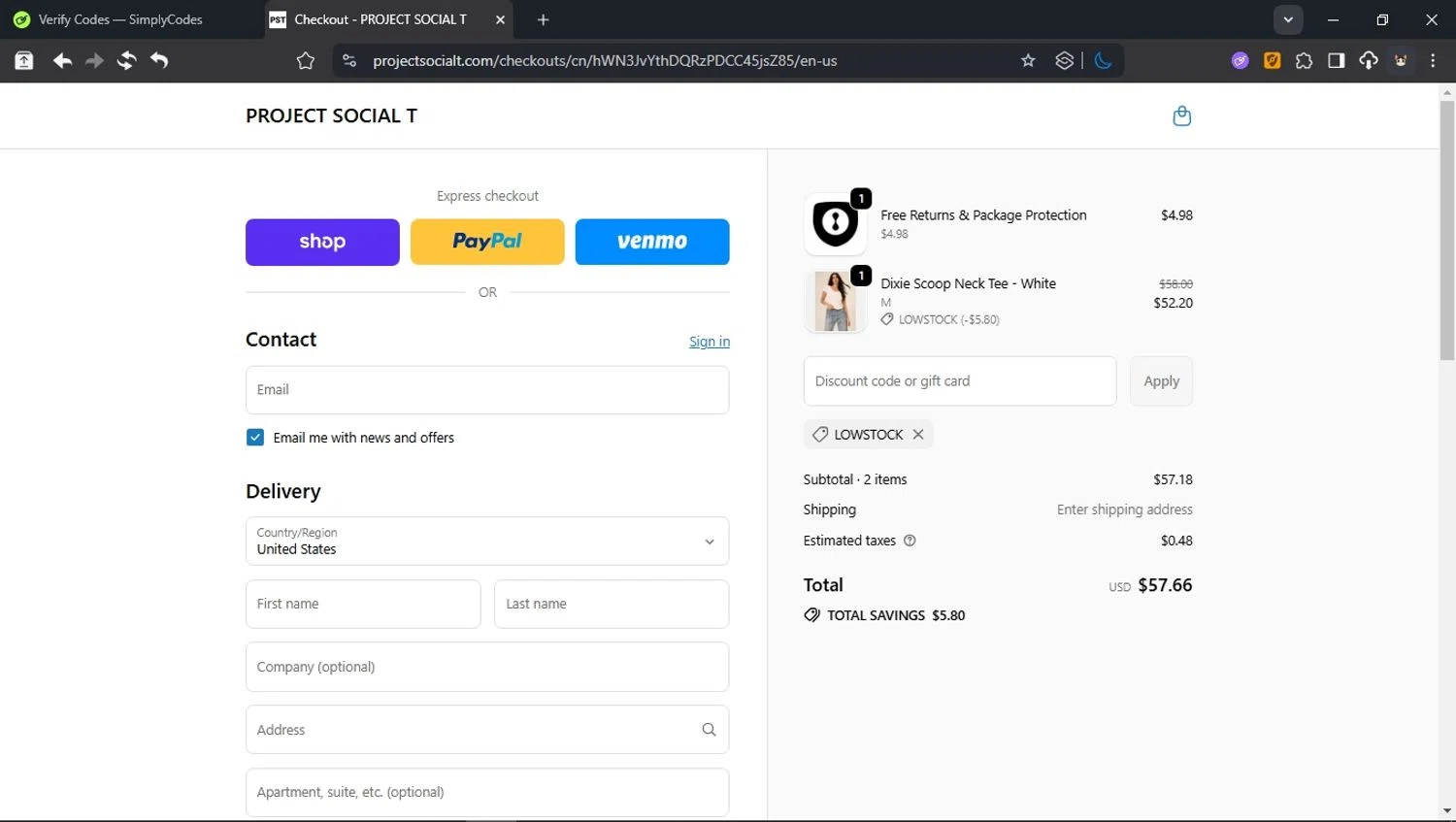 Project Social T promo code screenshot showing code LOWSTOCK applied at Project Social T checkout page. Uploaded by SimplyCodes community member domain on Sep 23, 2025