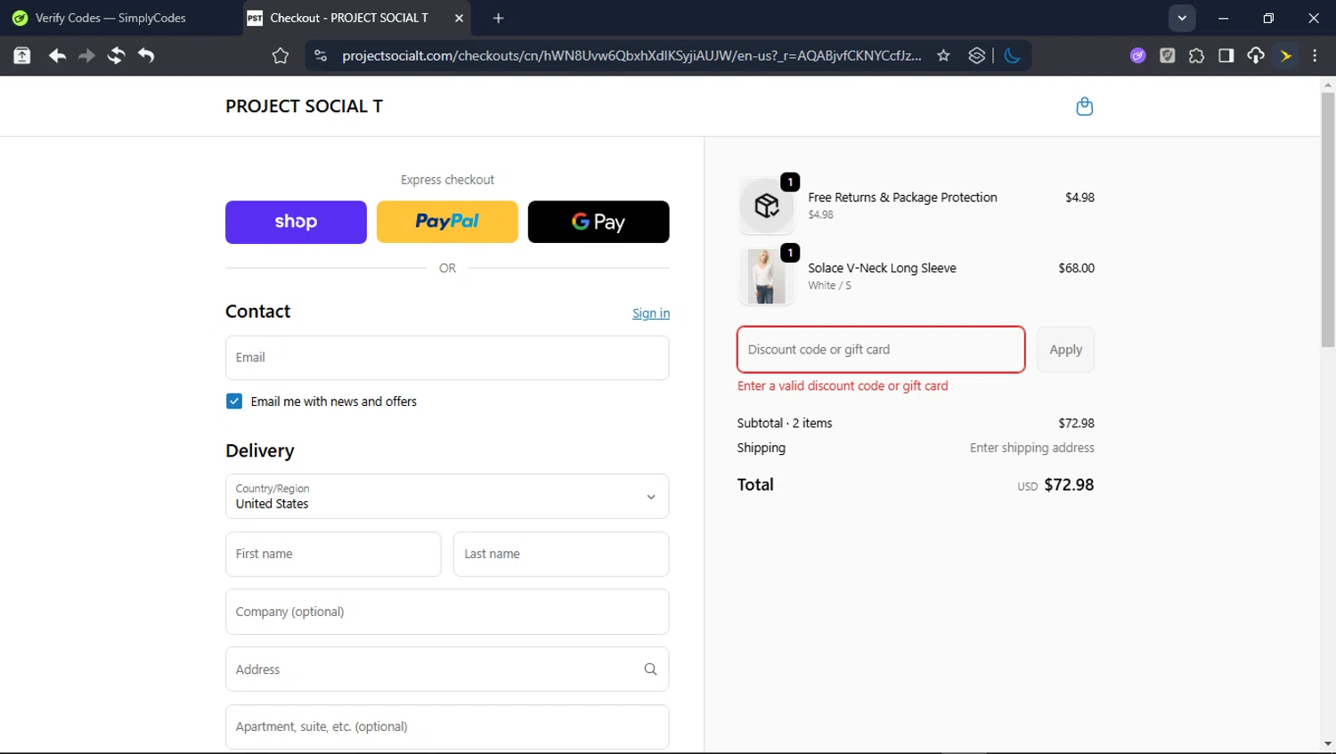 Project Social T promo code screenshot showing code LOWSTOCK applied at Project Social T checkout page. Uploaded by SimplyCodes community member userrandon on Feb 7, 2026
