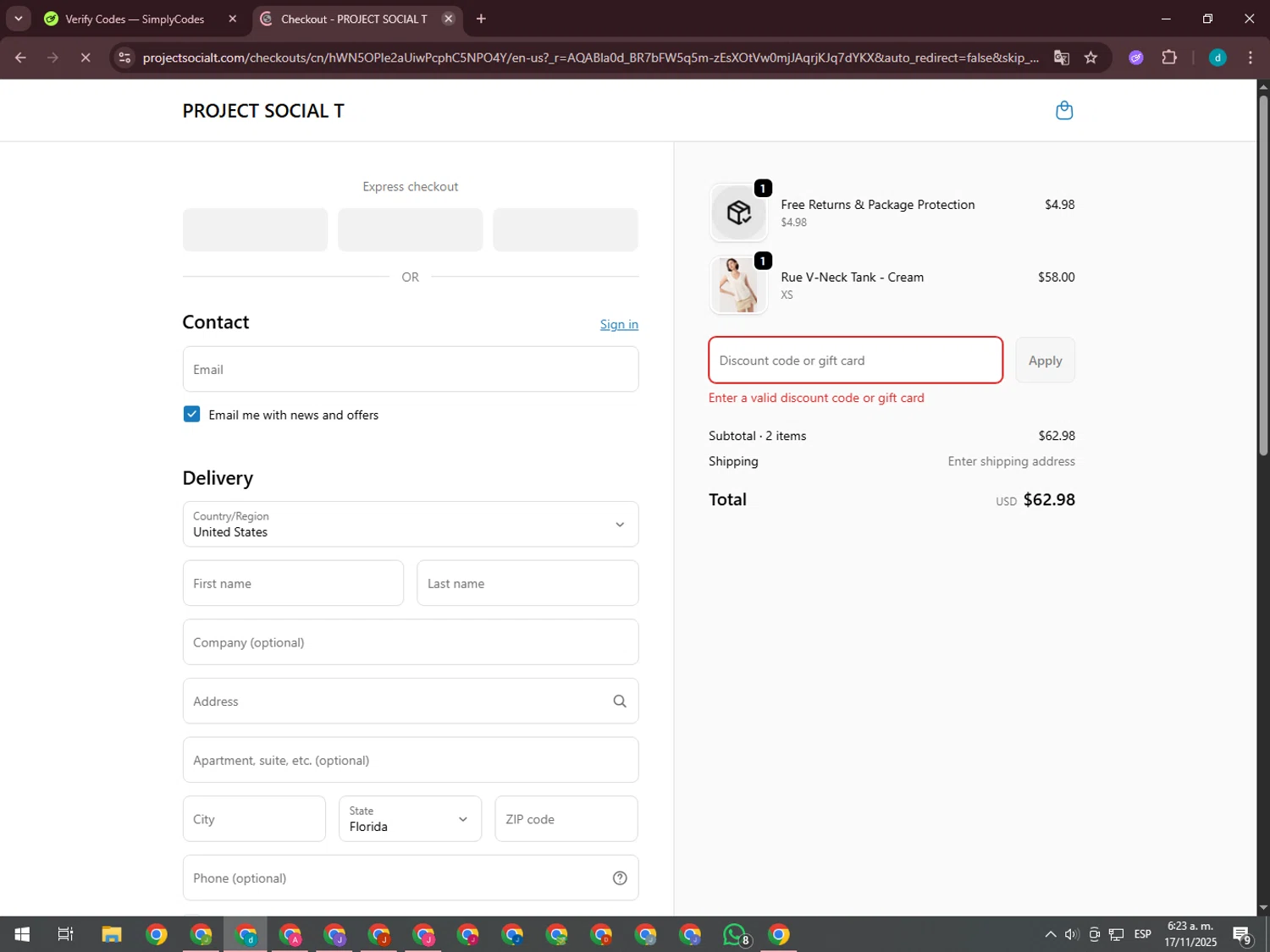 Project Social T promo code screenshot showing code earlyvip applied at Project Social T checkout page. Uploaded by SimplyCodes community member GloriousTiger3507 on Nov 17, 2025