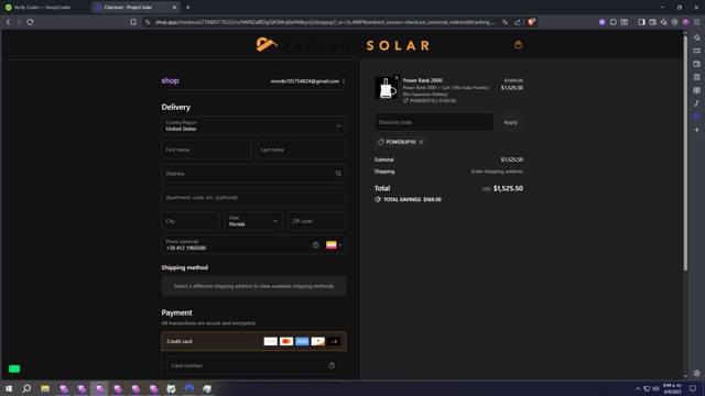 Project Solar checkout page showing Project Solar discount code box | Screenshot taken by SimplyCodes community member on Sep 4, 2025