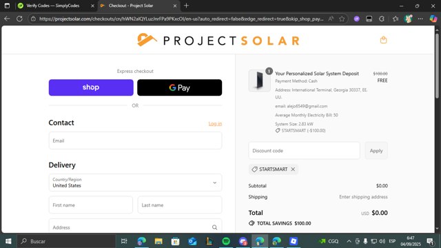 Project Solar checkout page showing Project Solar discount code box | Screenshot taken by SimplyCodes community member on Sep 4, 2025