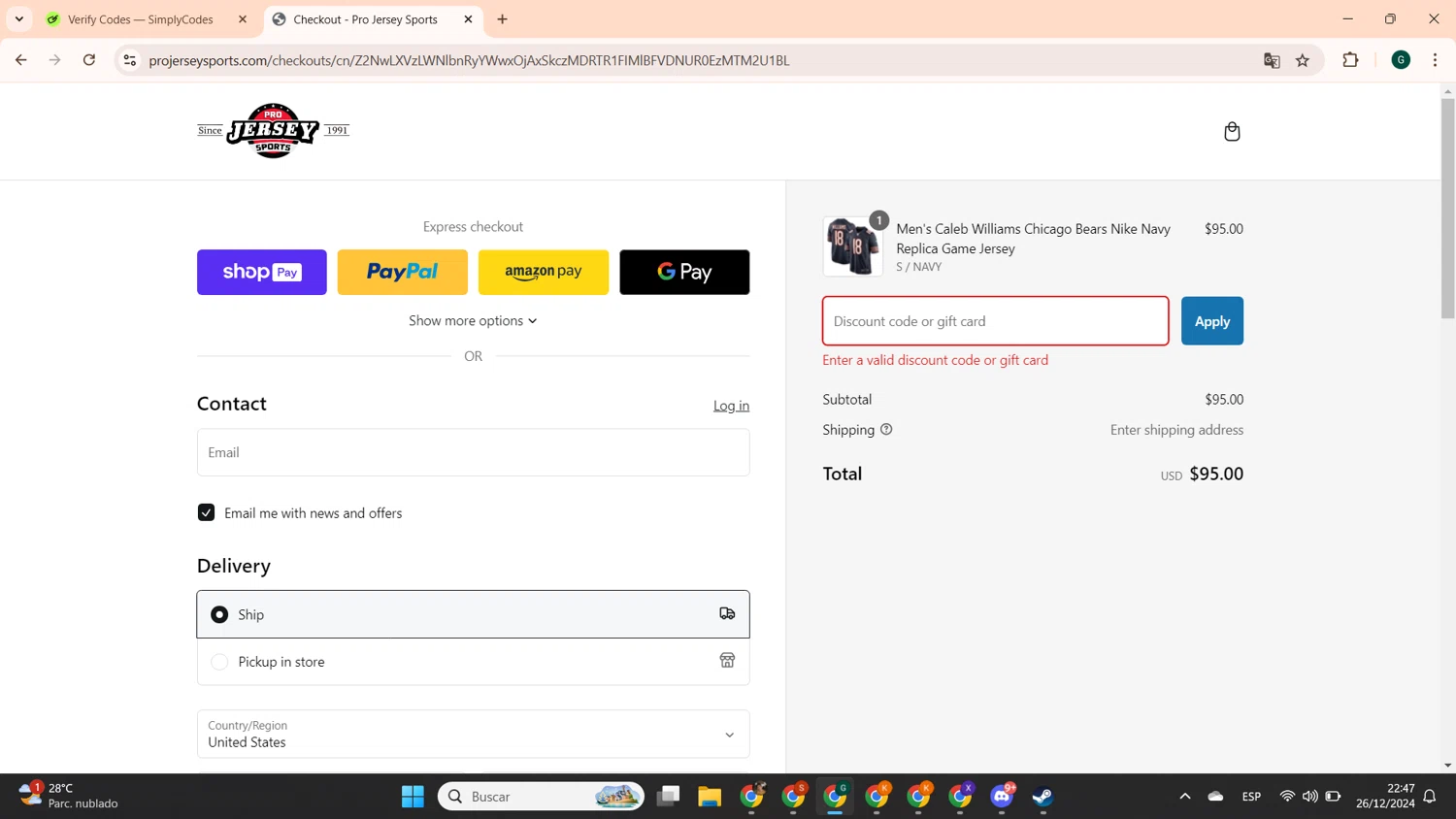 Pro Jersey Sports promo code screenshot showing code HOLIDAYS2022 applied at Pro Jersey Sports checkout page. Uploaded by SimplyCodes community member ThriftyTitan786 on Dec 27, 2024