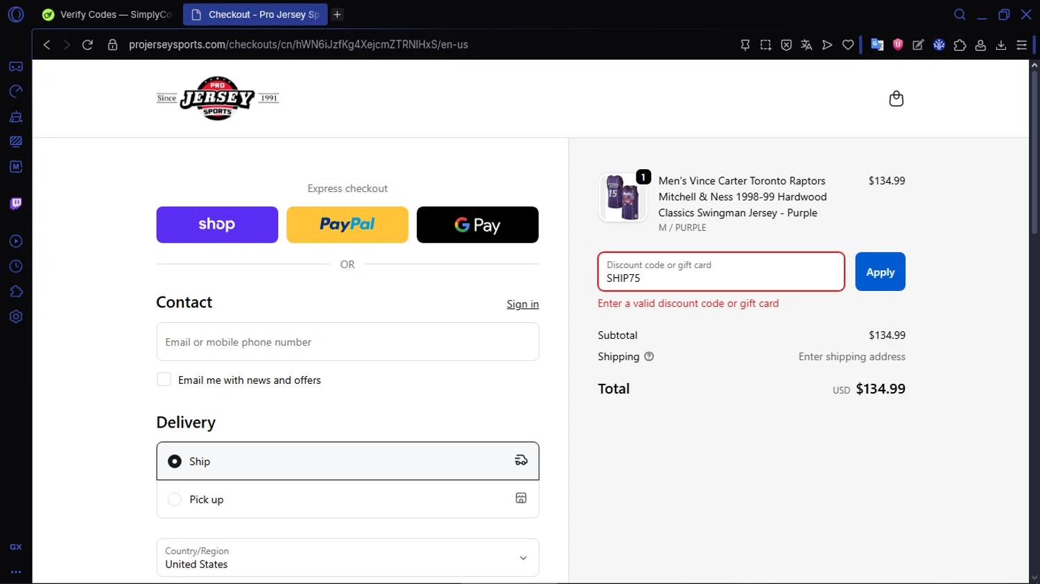 Pro Jersey Sports promo code screenshot showing code SHIP75 applied at Pro Jersey Sports checkout page. Uploaded by SimplyCodes community member ACIDOSULFURICO on Dec 22, 2025