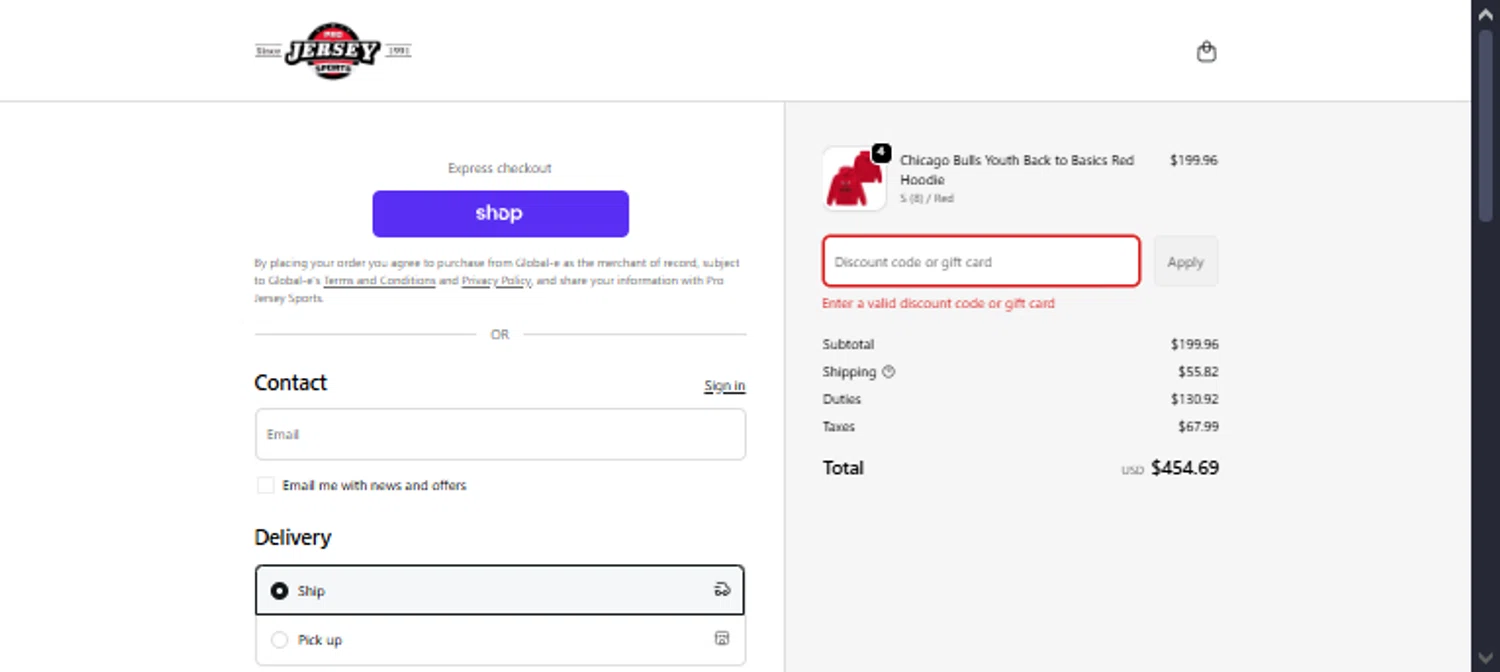 Pro Jersey Sports promo code screenshot showing code SHIP75 applied at Pro Jersey Sports checkout page. Uploaded by SimplyCodes community member TraxoGamer on Dec 22, 2025