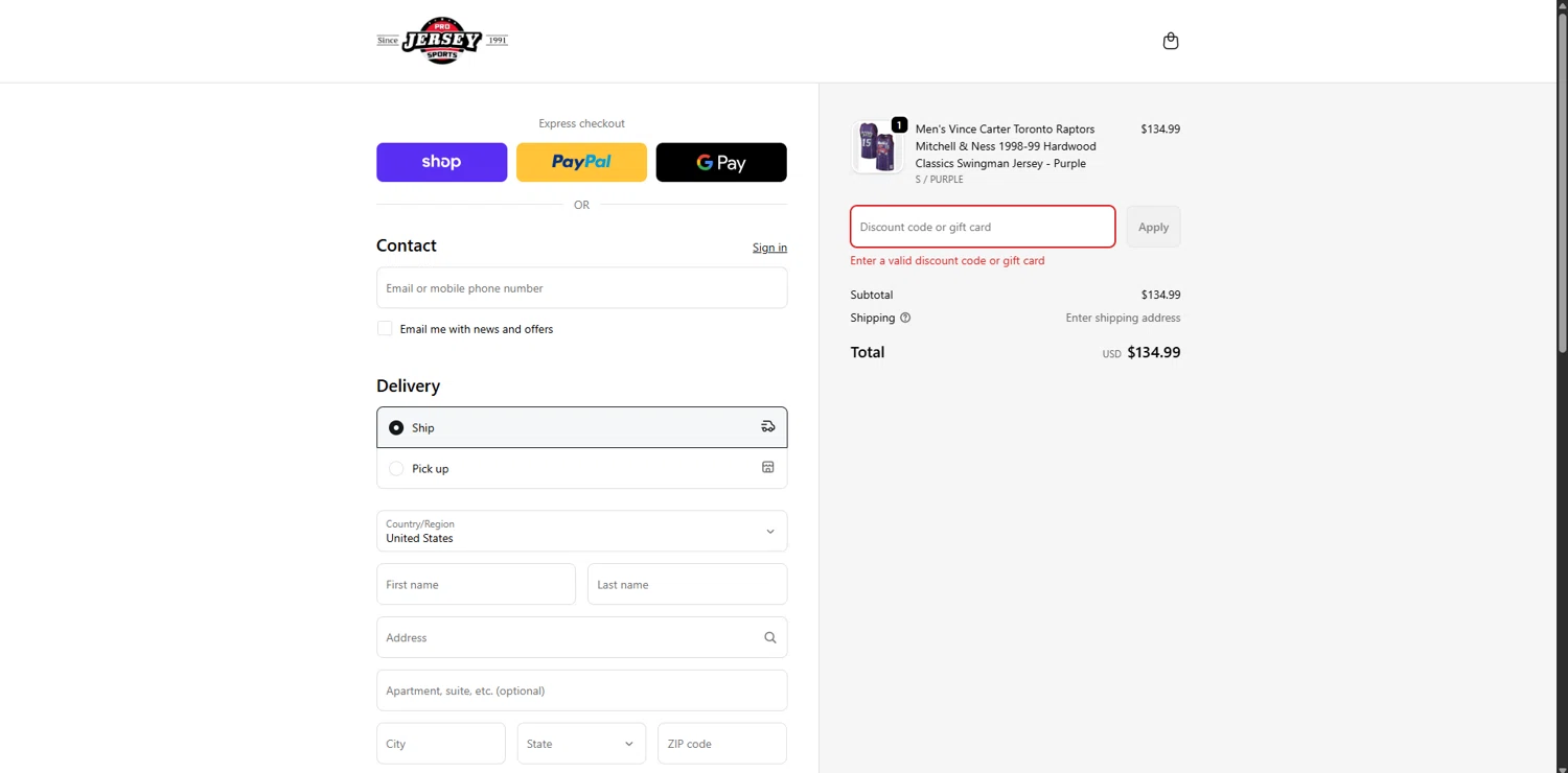Pro Jersey Sports promo code screenshot showing code hnztvjh01 applied at Pro Jersey Sports checkout page. Uploaded by SimplyCodes community member FortunateDefender7285 on Nov 13, 2025