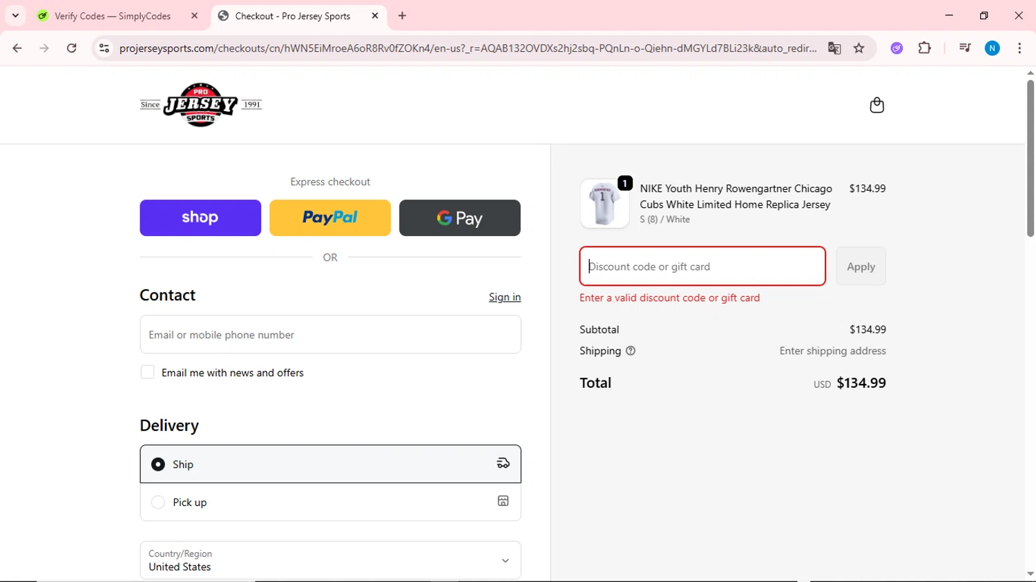 Pro Jersey Sports promo code screenshot showing code hnztvjh01 applied at Pro Jersey Sports checkout page. Uploaded by SimplyCodes community member QuestOwl6398 on Nov 13, 2025