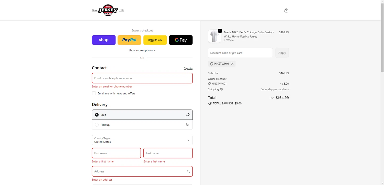 Pro Jersey Sports checkout page showing Pro Jersey Sports promo code box | Screenshot taken by SimplyCodes community member on Oct 13, 2025