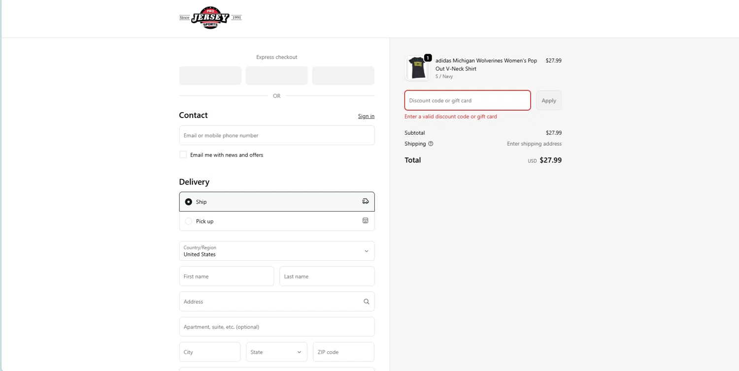 Pro Jersey Sports promo code screenshot showing code hnztvjh01 applied at Pro Jersey Sports checkout page. Uploaded by SimplyCodes community member STEVE20 on Nov 13, 2025