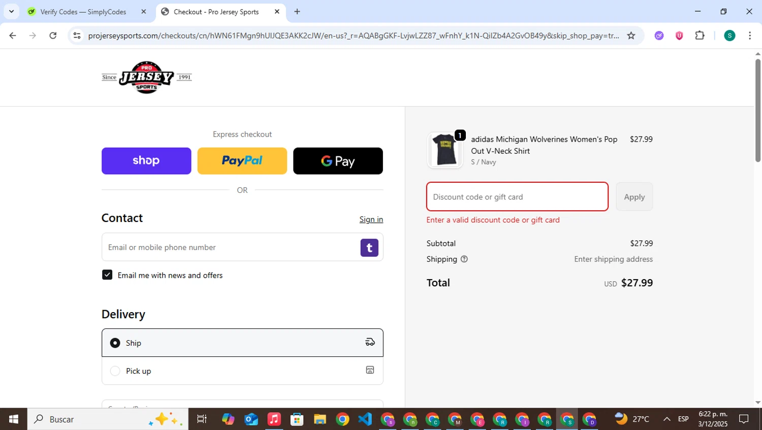 Pro Jersey Sports promo code screenshot showing code BF25 applied at Pro Jersey Sports checkout page. Uploaded by SimplyCodes community member VictoriousPilot5281 on Dec 3, 2025