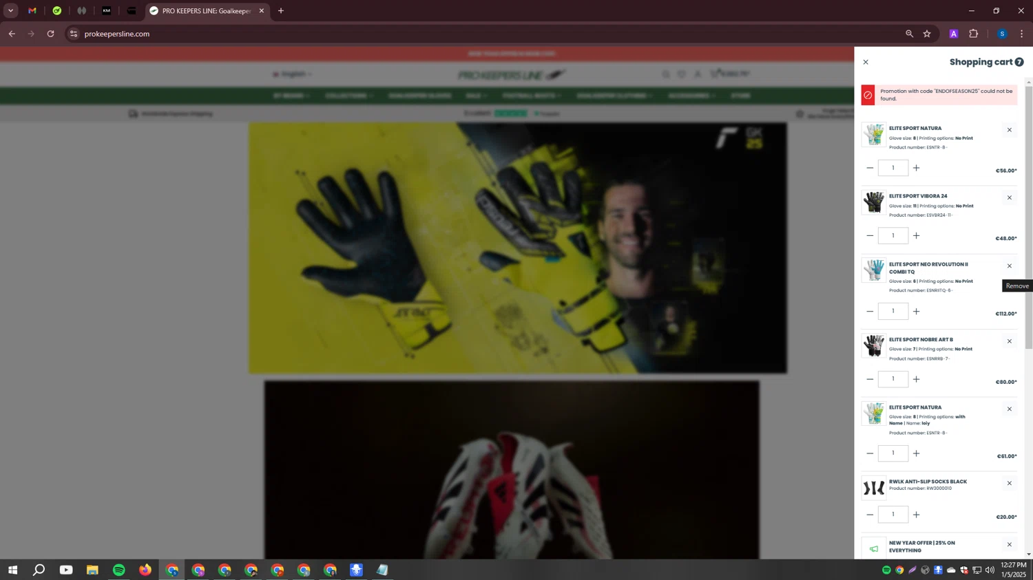 Pro Keepers Line discount code screenshot showing code ENDOFSEASON25 applied at Pro Keepers Line checkout page. Uploaded by SimplyCodes community member BrandoJose1 on Jan 5, 2025