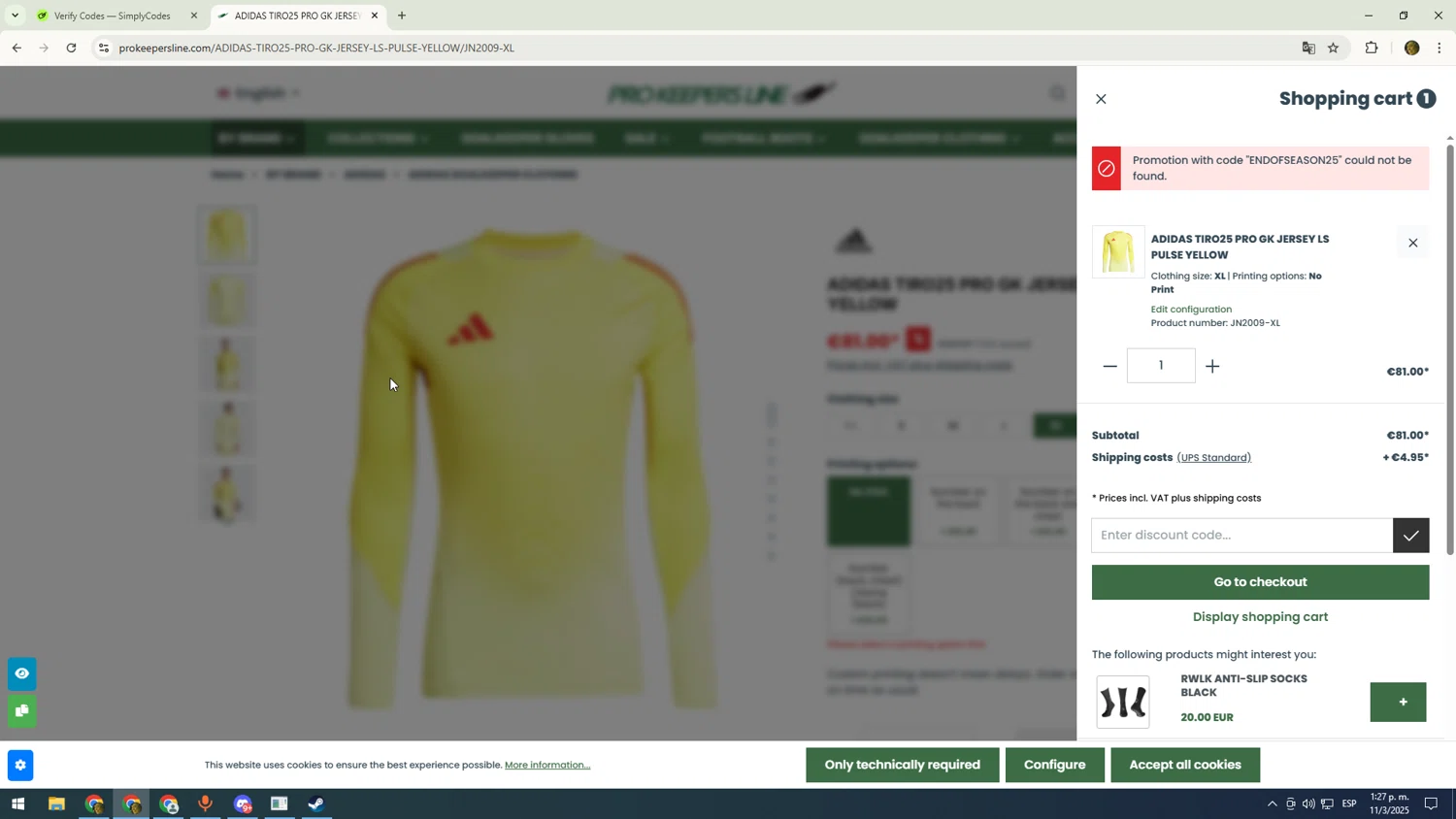Pro Keepers Line discount code screenshot showing code ENDOFSEASON25 applied at Pro Keepers Line checkout page. Uploaded by SimplyCodes community member sfdfgdsfgdfgdfg on Mar 11, 2025