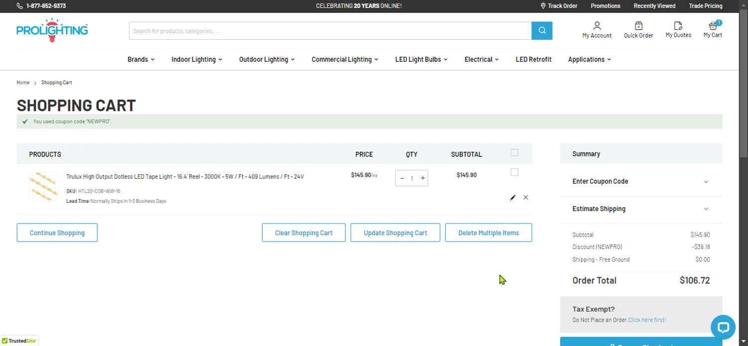 PRO Lighting checkout page showing PRO Lighting coupon code box | Screenshot taken by SimplyCodes community member on Oct 8, 2024