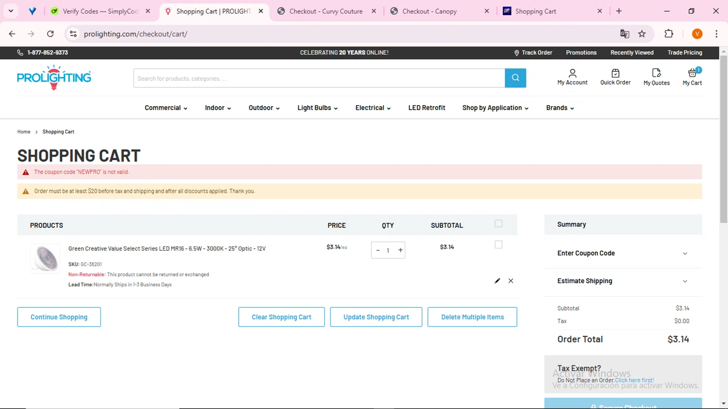 PRO Lighting coupon code screenshot showing code NEWPRO applied at PRO Lighting checkout page. Uploaded by SimplyCodes community member FortunateFinder9465 on Jan 7, 2025