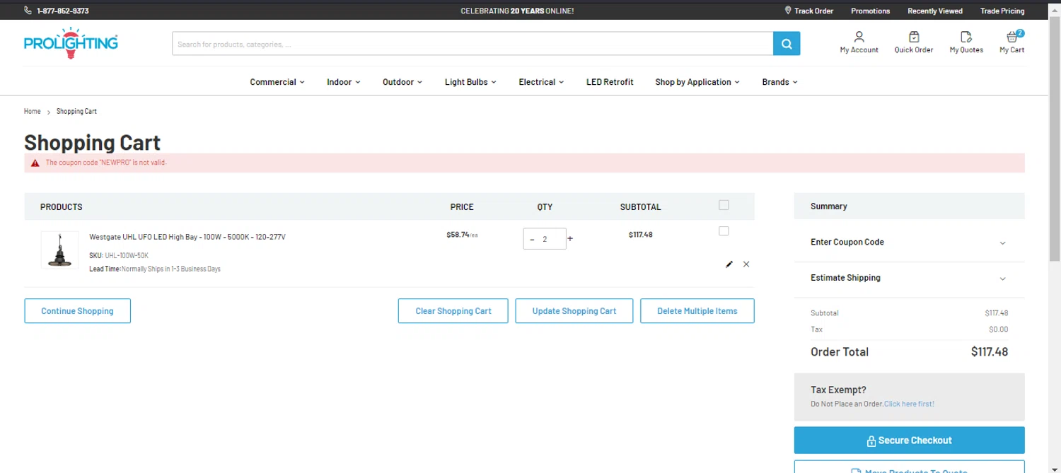 PRO Lighting coupon code screenshot showing code NEWPRO applied at PRO Lighting checkout page. Uploaded by SimplyCodes community member kaiserser on Mar 2, 2025