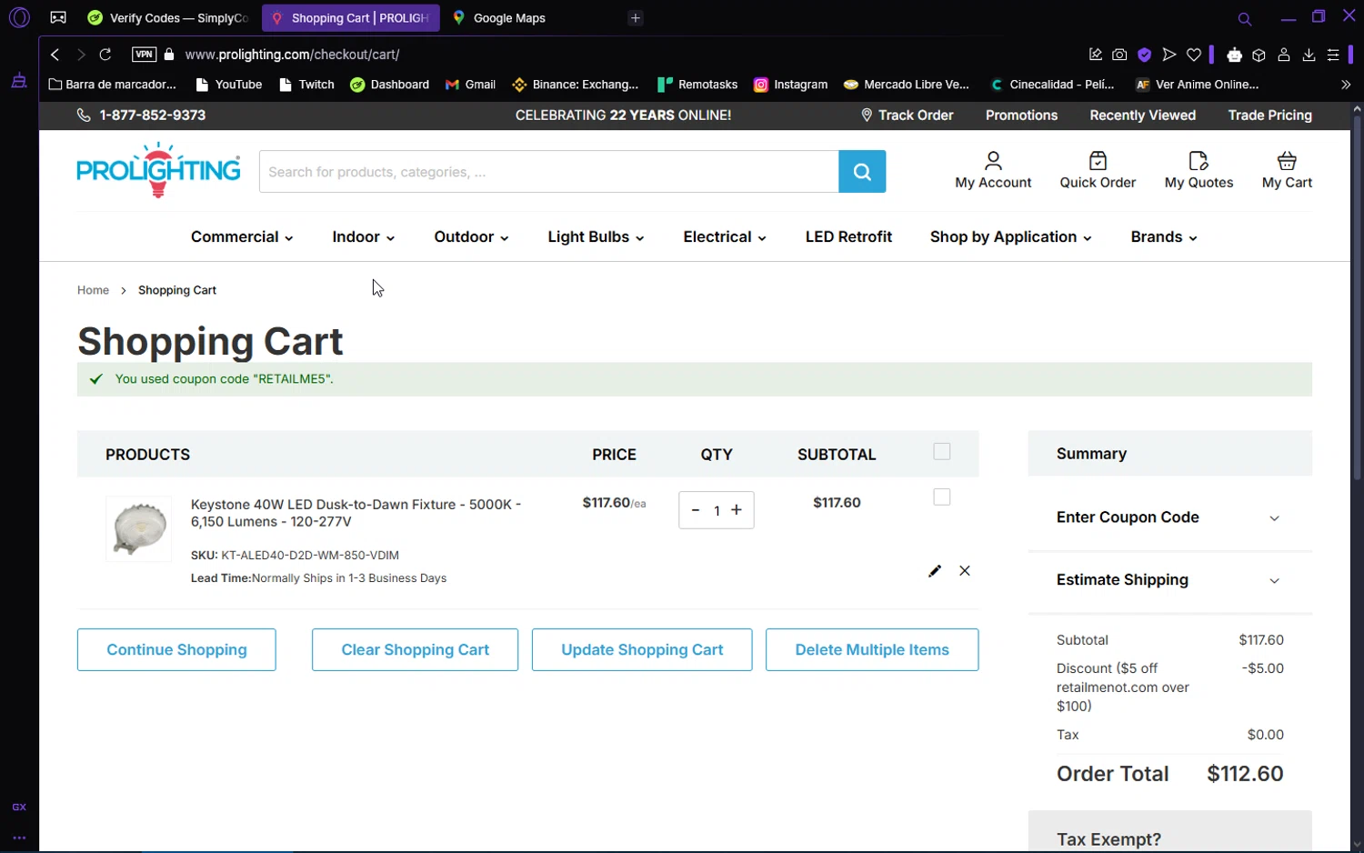 PRO Lighting coupon code screenshot showing code RETAILME5 applied at PRO Lighting checkout page. Uploaded by SimplyCodes community member VoucherAce8469 on Apr 5, 2025